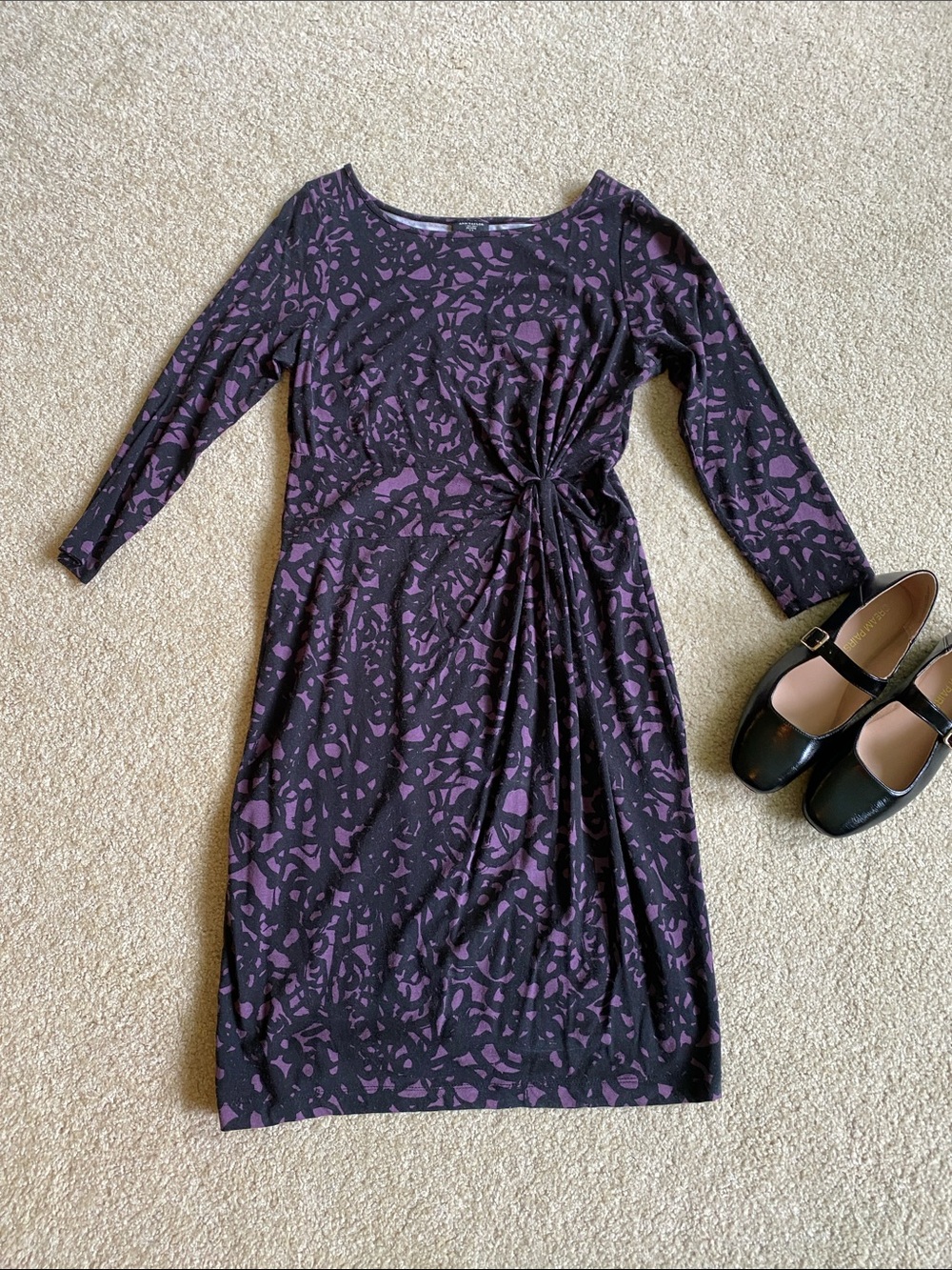 Ann Taylor Purple & Black Twist-Front Long Sleeve Dress